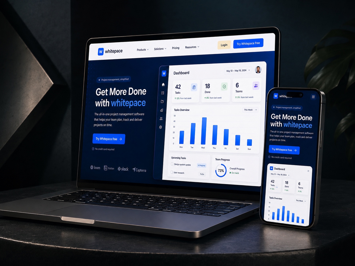 Адаптивный лендинг Whitepace на экранах ноутбука и смартфона